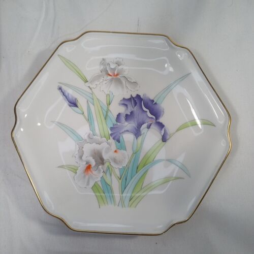 Otagiri Japan Purple Iris Bouquet Porcelain Plate 7&quot; Hexagon Floral Gold... - $9.95
