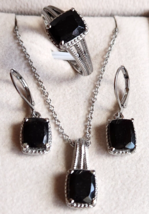 Black Tourmaline Earrings, Ring , Pendant Set--20 In. in Stainless Steel, Sz 10 - £26.33 GBP