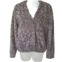 TROUVE Sweater Jacket Teddy Gray Silver Faux Fur Shiny Winter Layer Soft Size S - £29.15 GBP