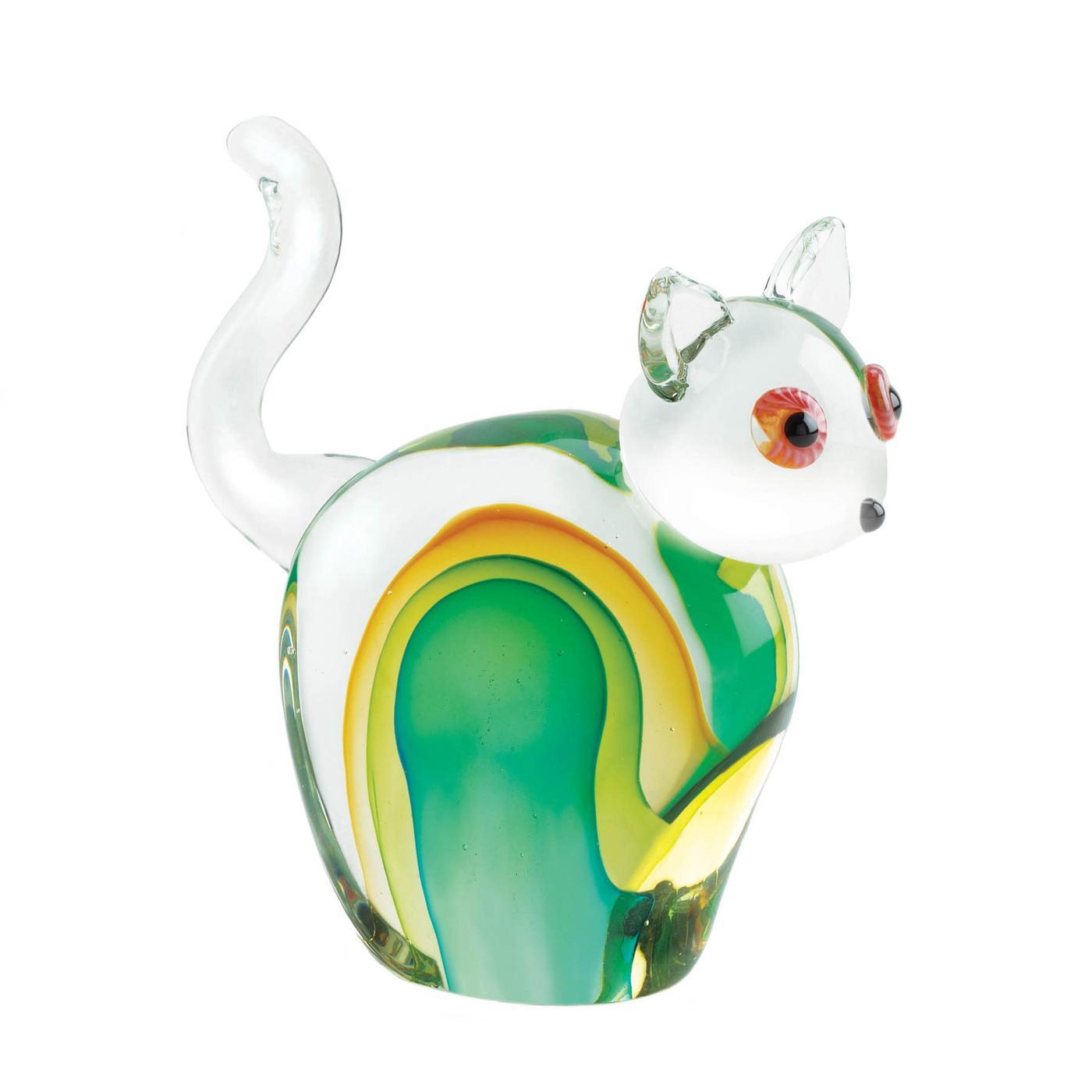 Hand Made Art Glass Decorative Unique Cat Statue Green and Yellow Hues - $49.95