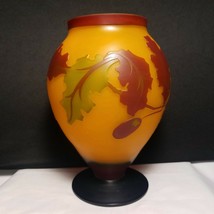 Autumn Cameo Glass Pedestal Vase Etched Carved Oak Leaf Acorns Vintage Teleflora - £23.26 GBP