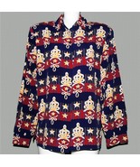 ALIA Stars Stripes Ribbons Button Front Poly Blouse Wm&#39;s 12 NWOT Nice Qu... - $31.30 CAD