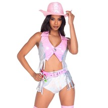 Pink Space Cowgirl Costume Set Cowboy Fringe Vest Iridescent Shorts Belt 5015 - £54.34 GBP