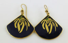 Laurel Burch Willow Fan Black Enamel Gold-Tone Drop Dangle Earrings - £19.98 GBP