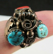 Randy Hoskie Signed Navajo Ring Sterling Silver 925 5.75 6g Turquoise &amp; Coral - £112.10 GBP