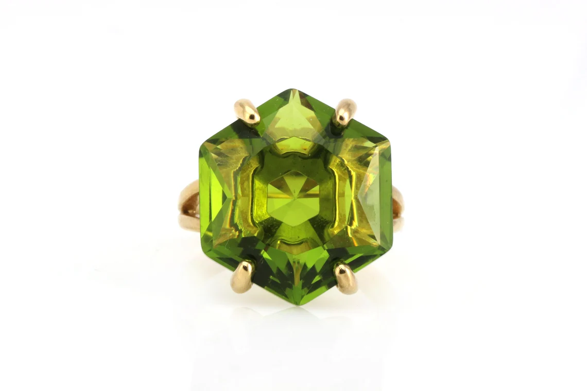 Handmade 925 Silver Green Peridot Ring–Gold Plated Hexagon Peridot Women... - $47.55+