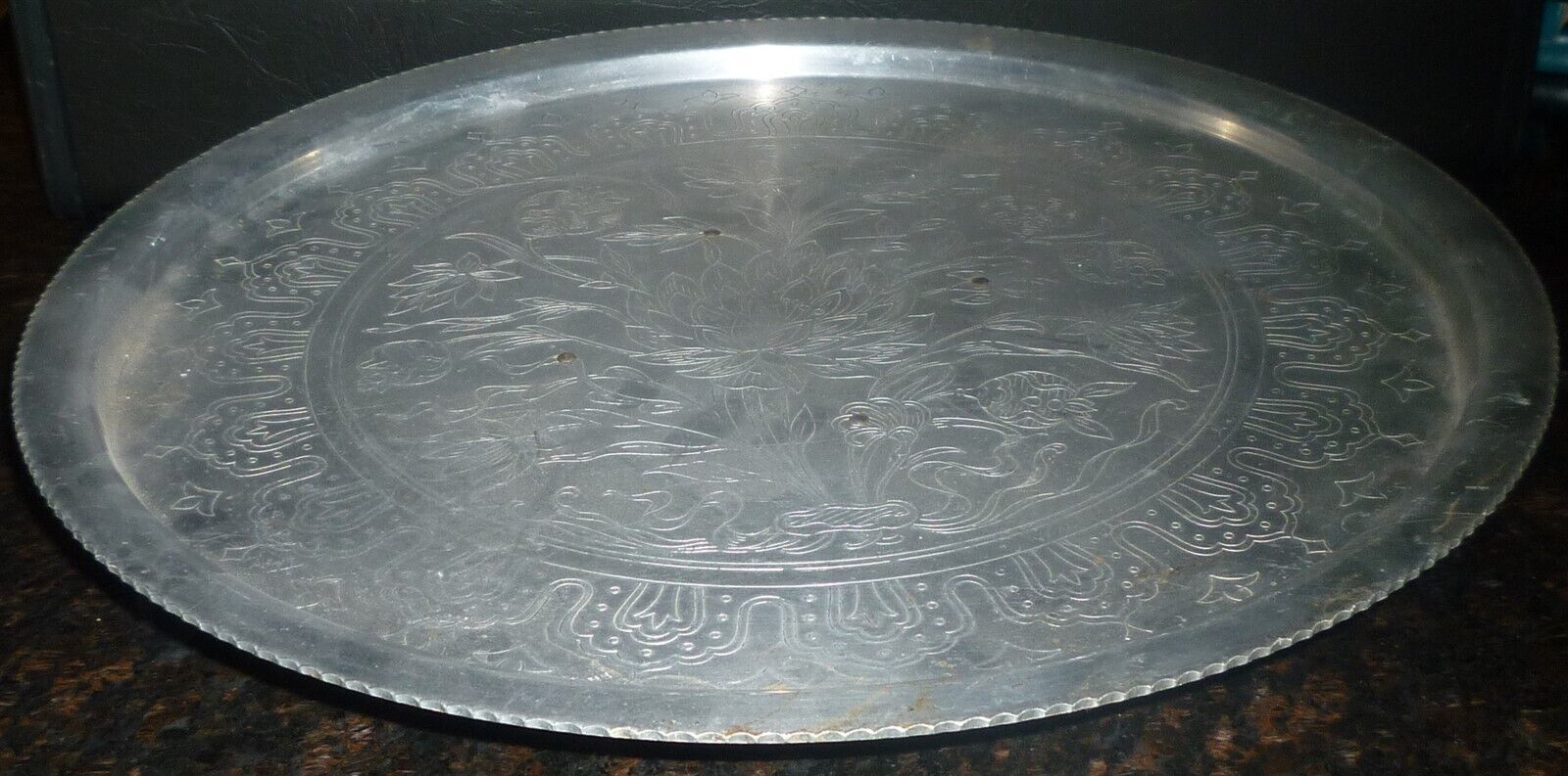 VINTAGE EMBOSSED ALUMINUM KRISCHER FOOTED PLATTER LAZY SUSAN - $22.00
