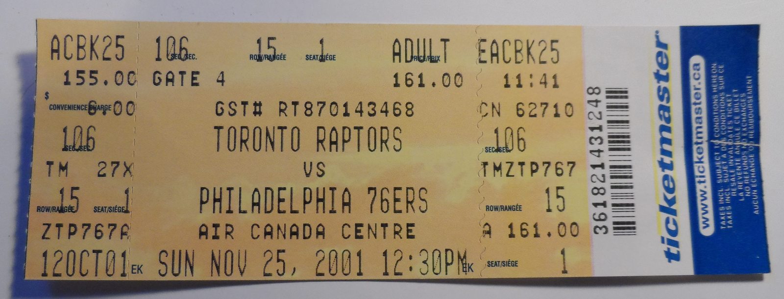 Primary image for TORONTO RAPTORS Vs NEW YORK NETS 2001 Full Ticket Mint NBA THE NORTH BASKETBALL