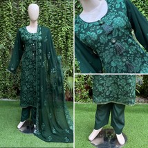 Pakistani Dark Green  3Pcs  Chiffon Dress with thread embroidery ,XL - $88.11