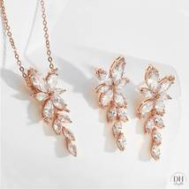 CZ Crystal Bridal Earrings and Necklace, Rose Gold Drop Earrings, Crysta... - £21.51 GBP
