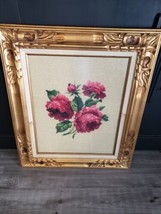 Pink Roses Floral Garden Needlepoint Gold Ornate Wood Frame w Glass HEAVY LARGE  - £190.89 GBP