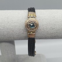 Aqua Blue Stone Toggle Bracelet Black Band Center Silver Tone Medallion - $16.99