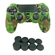 For PS4 Controller Silicone Grip Neon Green Camo Non Slip + (8) Thumb Caps - $8.99