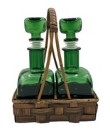 2 MCM Emerald Green Glass Decanter Bottles with Basket Carrier 1960&#39;s - £29.73 GBP