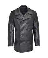 Mens Black Genuine Leather Pea coat with Lapel Collar and Button Closer - $145.00