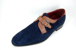 Men&#39;s Two Tone Tan Blue Contrast Monk Single Buckle Strap Suede Leather ... - £117.94 GBP+