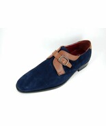 Men&#39;s Two Tone Tan Blue Contrast Monk Single Buckle Strap Suede Leather ... - $205.14 CAD+