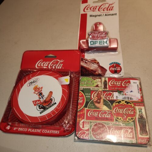 Primary image for NEW old stock Coca-Cola bundle, chip clip/ magnet & 2 sets of coasters