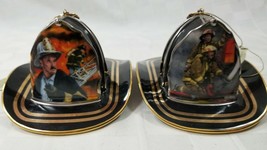Two Vtg 2002 Xmas Ornament Black Firefighter Helmets Bradford Porcelain 5&quot; Long - £19.78 GBP