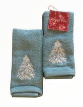 Christmas Tree Fingertip Towels Embroidered Set of 2 Guest Blue White Holiday - £23.10 GBP