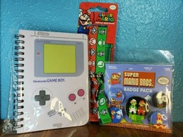 Nintendo &amp; Super Mario Set - Lot Of 3 - Notebook, Badge Pin Set, &amp; Festi... - £14.81 GBP