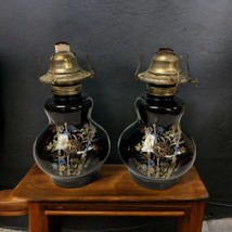 Vtg Pair Kaadan Ltd Black Gold Painted Glass Paraffin Oil Lamp Base with Burner - £54.50 GBP