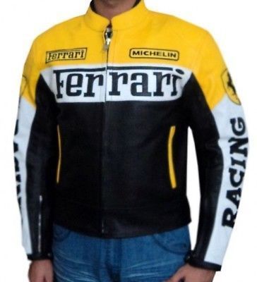 Black and Yellow Color Ferrari Motorcycle Biker Leather Jacket with Safety Pads - $159.99