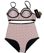 2-Pc Bro Society Dusty Pink Quatrefoil Neoprene High Waist Bikini Swimsu... - $45.12 CAD