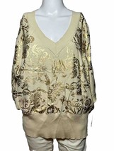 Nygard Knit Blouse Pullover Woman 1X XL Metallic Gold Print V Neck Styli... - $22.70
