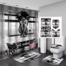 4Pcs Sexy Black Girl Shower Curtain Set, Romantic Pink Floral High Heels Bubble  - £59.33 GBP