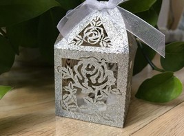 100pcs Glitter Silver Rose Laser Cut Wedding Favor Boxes • Wedding Gift Boxes  - £38.28 GBP