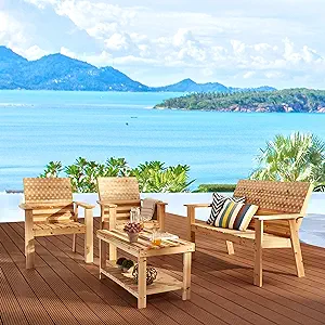 4 Piece Patio Conversation Set Wooden Outdoor Furniture Include 1 Lovese... - £579.53 GBP