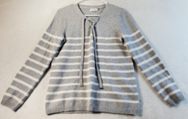 Calvin Klein Sweater Womens Small Gray White Striped Cotton V Neck Drawstring - $18.39