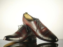 Handmade Men Brown Leather Cap Toe Brogue Lace Up Shoes, Men Dress Formal Shoes - £116.61 GBP