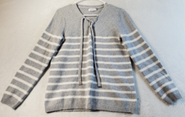 Calvin Klein Sweater Womens Small Gray White Striped Cotton V Neck Drawstring - £12.26 GBP