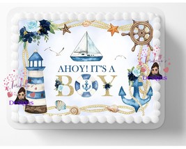Nautical &quot;Ahoy, It&#39;s A Boy&quot; Baby Shower Edible Image Edible Birthday Cake Topper - £13.16 GBP