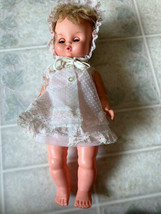 Uneeda doll baby 12 in. Vintage Uneeda  on neck. 1960s hard plastic Dress Bonnet - £67.17 GBP