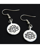 TINY LOTUS FLOWER EARRINGS 1.25&quot; Drop Dangle Round Stainless Steel Ear W... - $55.06 MXN
