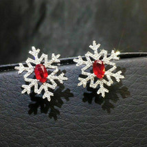 2Ct Oval Cut CZ Red Garnet Snowflake Stud Earrings14k White Gold Plated-Silver - £124.80 GBP