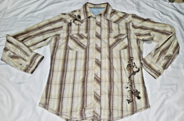 Rock 47 by Wrangler Mens Pearl Snap Western Shirt Size L brown plaid Lon... - $18.37