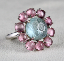 Antique Natural Aquamarine Carved Pink Tourmaline Gemstone Silver Victorian Ring - £300.56 GBP