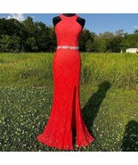 Vintage Prom Dress Y2K Pink Sparkle Layered Floral Lace Front Split Prom... - $55.17