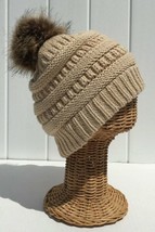 Beige Beanie Winter Ski Hat Knitted With Pom Pom &amp; Plush Lining #D For Gift - £20.76 GBP