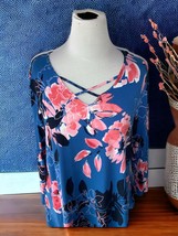 Ruby Rd quarter sleeve cobalt blue floral theme vneck pullover blouse si... - $27.92