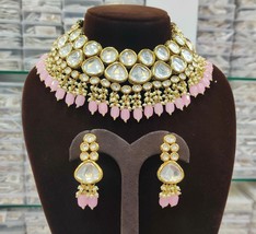 Pakistani Heavy Neck Kundan Meena Bridal Necklace Earrings Pink Clr Jewelry Set - £53.07 GBP