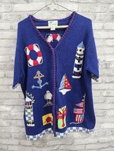 Quacker Factory Sweater Cardigan Womens L Nautical Ocean Lighthouse Seag... - $40.76 CAD