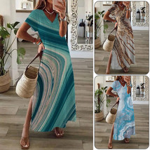 Women Marble Print Elegant Long Dress V Neck Short Sleeve Slim Dress for... - £15.25 GBP