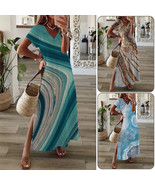 Women Marble Print Elegant Long Dress V Neck Short Sleeve Slim Dress for... - £15.25 GBP