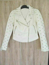 New Woman Handmade White Silver Studded Unique Cowhide Biker Leather Jacket-736 - £200.48 GBP