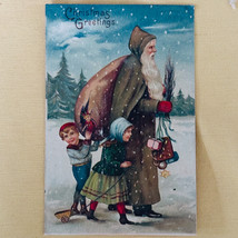 Christmas Postcard Santa Claus Green Robes Walking with Children &amp; Toys ... - $29.65